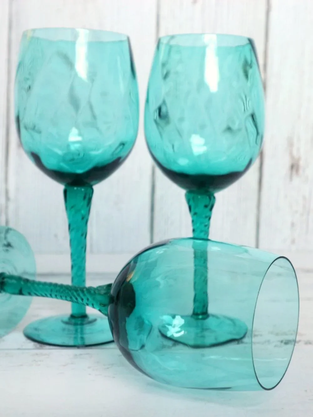 Vintage Empoli Italian Hand-Blown Optic Swirl Twisted Stem Wine Glasses Aqua